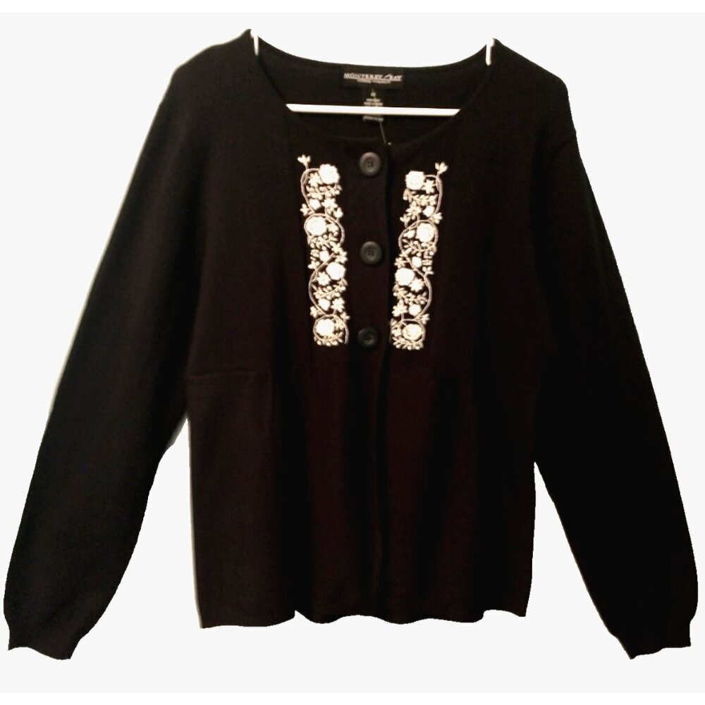 Monterey Bay Clothing Cardigan Sweater Peplum Embroidered Lightweight Black- M